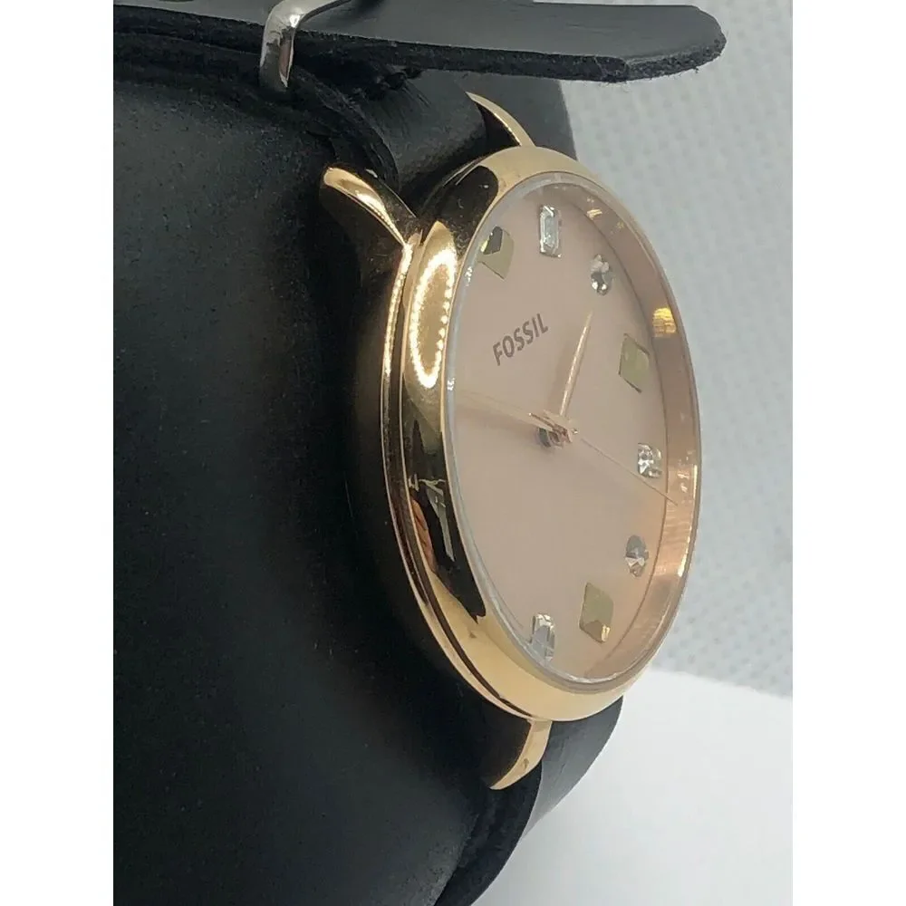 Fossil ES4473 Women's Black Leather Analog Pink Dial Quartz Genuine Watch OP66